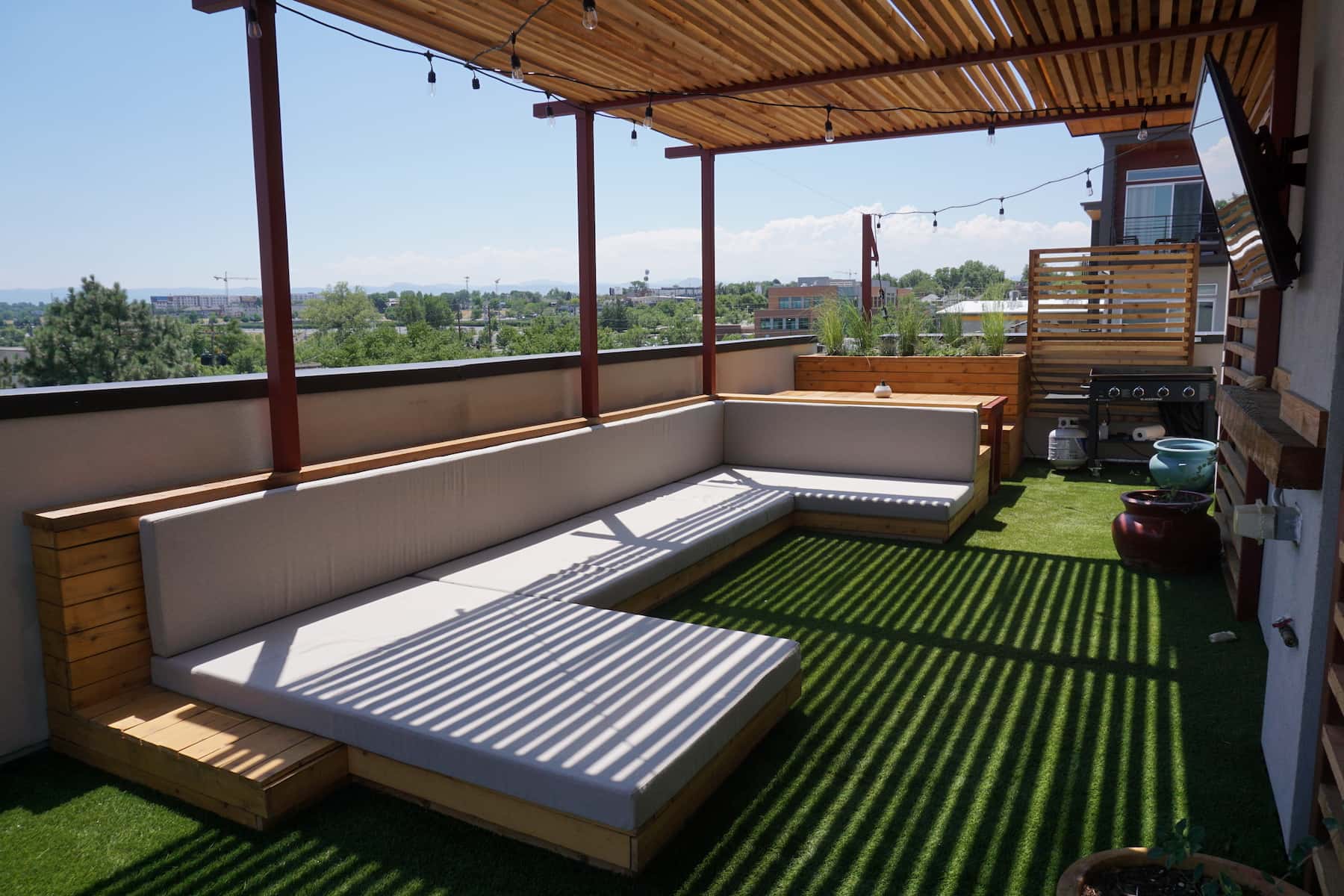 Pergola Daybed Planters Hot Tub Outdoor Dining TV Turf Mile High Stadium Denver CO