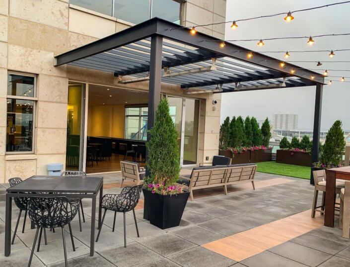 Steel Pergola Outdoor Dining Rooftop Patio Cherry Creek Denver CO