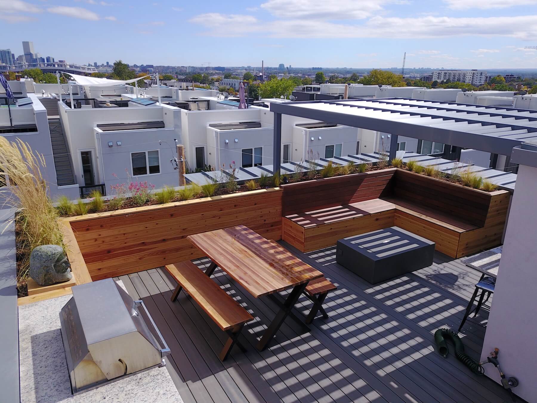 Built-In Furniture, Planters, & Grill Roof Deck Planters Outdoor furniture Pergola Sloans Lake Denver CO Roof Deck and Garden