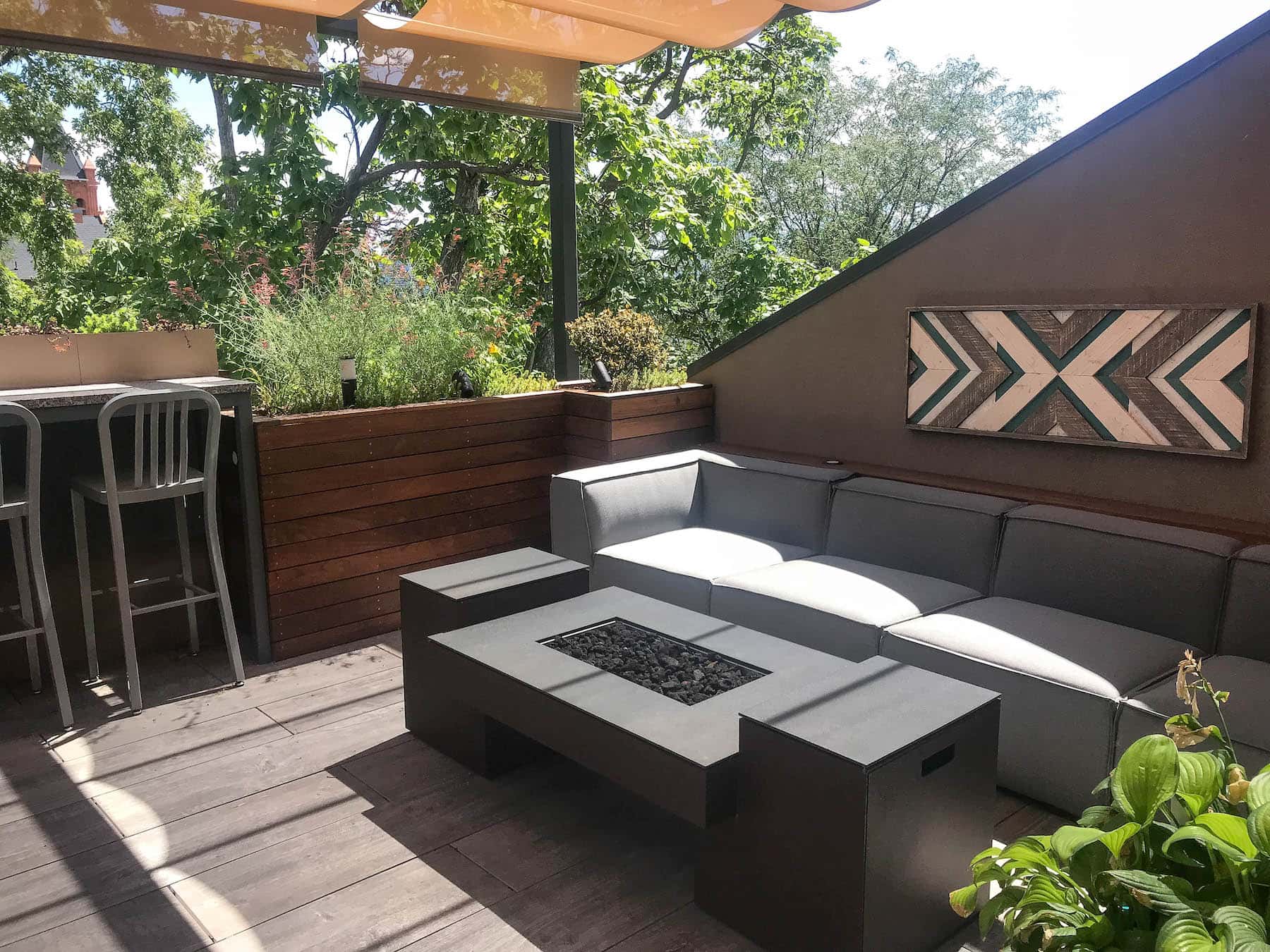 firepit rooftop deck Roof Deck Garden Denver Landscape Pergola Outdoor Dining Water Feature Patio Rooftop Deck LoHi Denver CO
