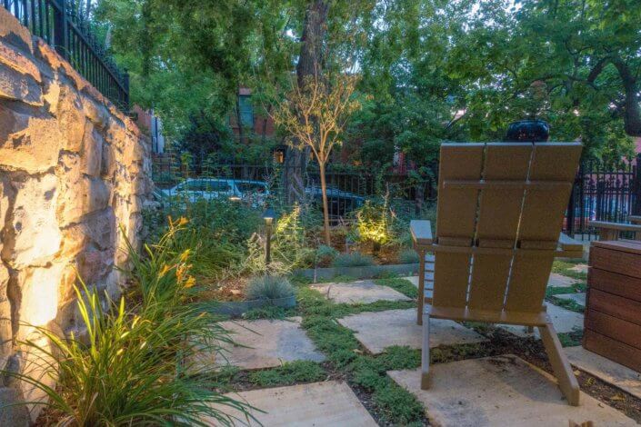 patio planting paving Roof Deck Garden Denver Landscape Pergola Outdoor Dining Water Feature Patio Rooftop Deck LoHi Denver CO