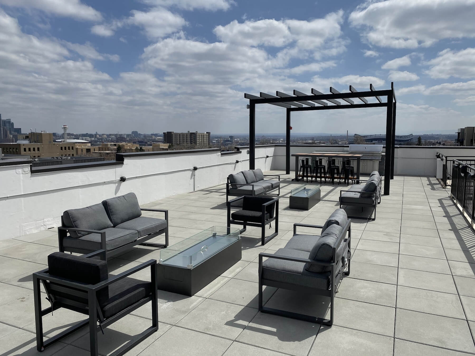 Jeff Park Flats custom stone granite outdoor kitchen rooftop deck pergola fire pit table denver co