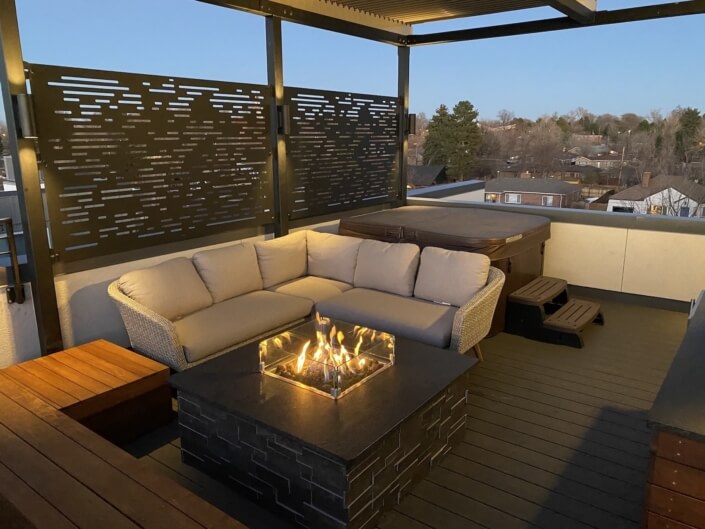 rooftop deck steel pergola privacy screening fire pit hot tub denver co
