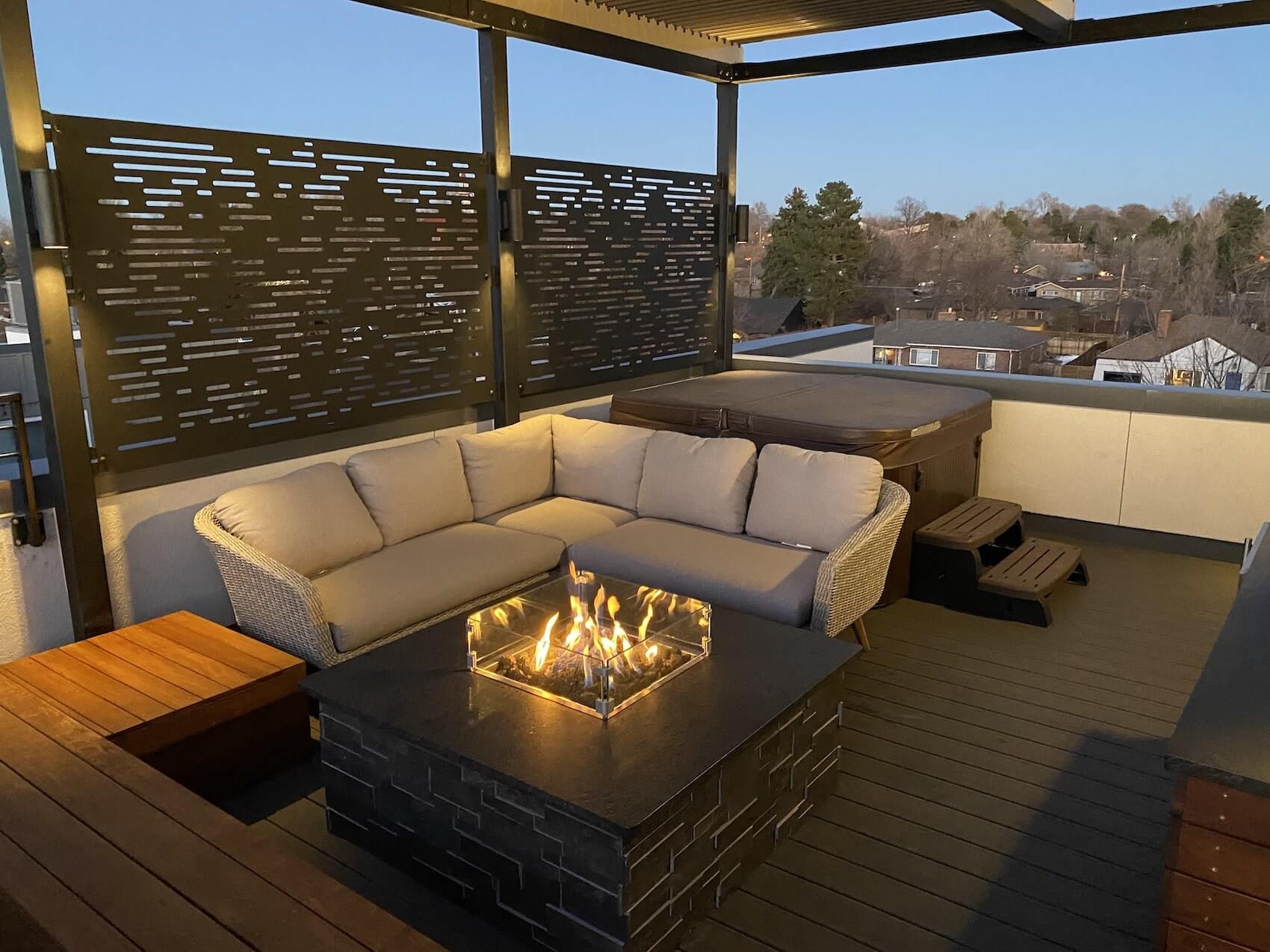 rooftop deck steel pergola privacy screening fire pit hot tub denver co