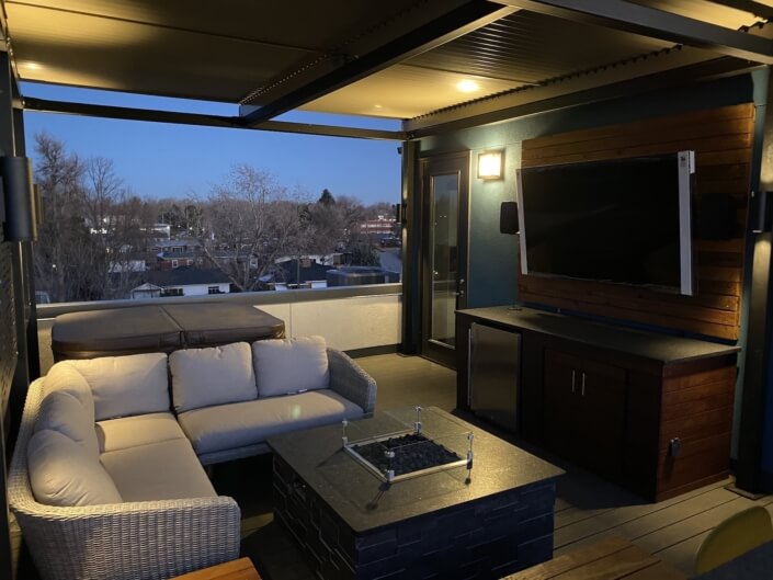 rooftop deck steel pergola privacy screening fire pit outdoor tv lounge denver co
