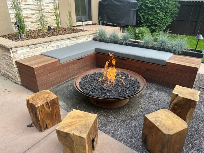 Fire pit and built in seating with planters washington park denver co